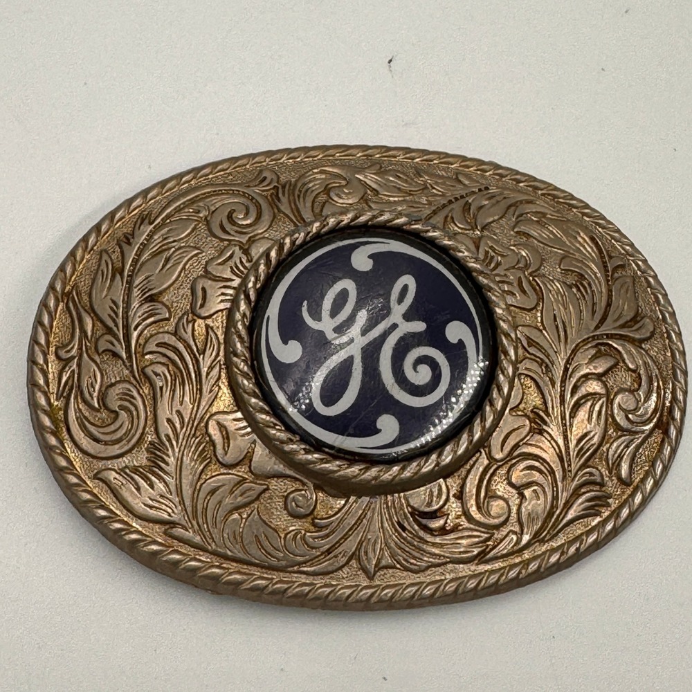 Vintage GE General Electric Belt Buckle Gold Tone Western Floral Logo Oval